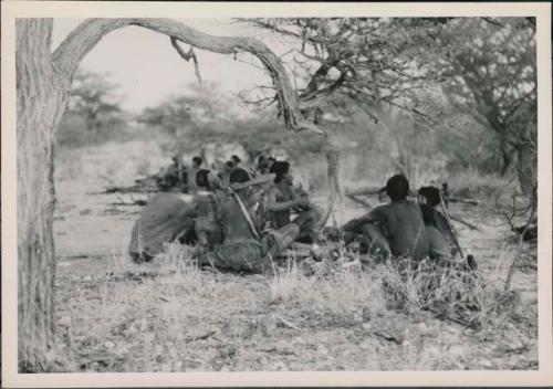 Groups of people sitting around fires where they have stopped for the night