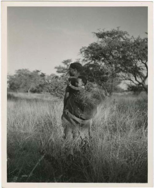 Woman carrying a child and a load of grass in her kaross on her back