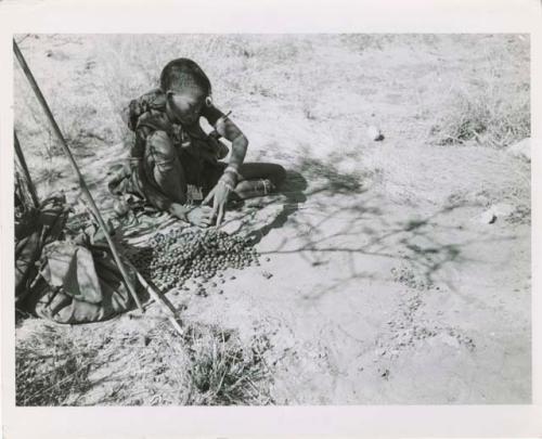 Tsi: Woman from /Ti!kay's group sitting, with a pile of tsi, bags and digging stick on the ground near her (print is a cropped image)