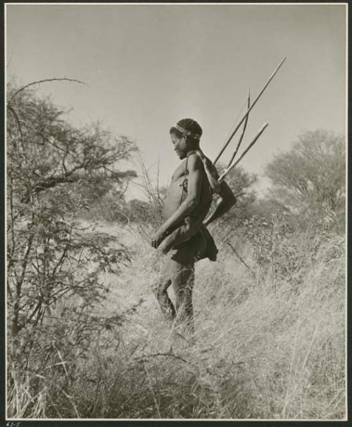 Hunters walking, standing: /Ti!kay, headman of Band 9, walking through the grass and carrying hunting equipment (print is a cropped image)