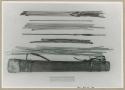 Hunting equipment: Quiver next to sticks and arrows and a ruler for measurement (print is a cropped image)