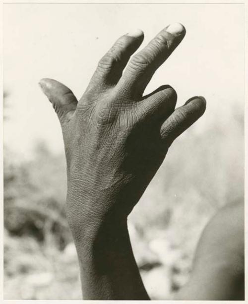 "The hunting hand signs": Person demonstrating the hunting hand signal for kudu (print is a cropped image)