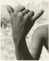 "The hunting hand signs": Person demonstrating the hunting hand signal for wildebeest (print is a cropped image)