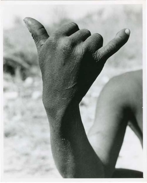 "The hunting hand signs": Person demonstrating the hunting hand signal for wildebeest (print is a cropped image)