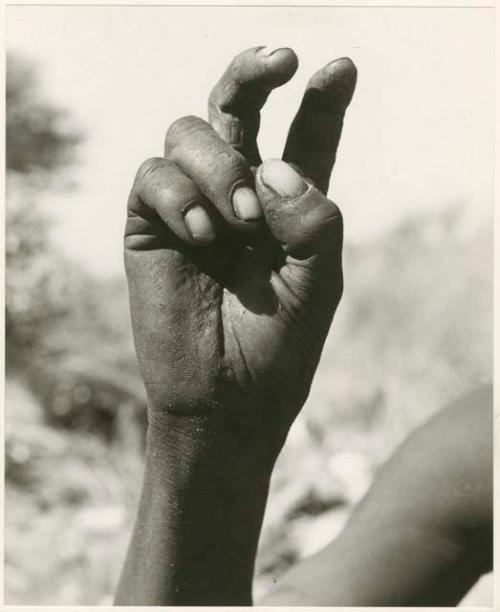 "The hunting hand signs": Person demonstrating the hunting hand signal for hartebeest (print is a cropped image)