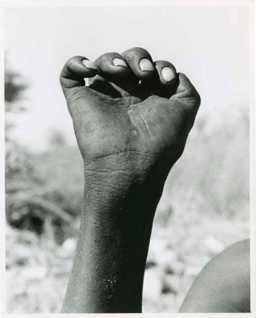 "The hunting hand signs": Person demonstrating the hunting hand signal for an unidentified animal (print is a cropped image)