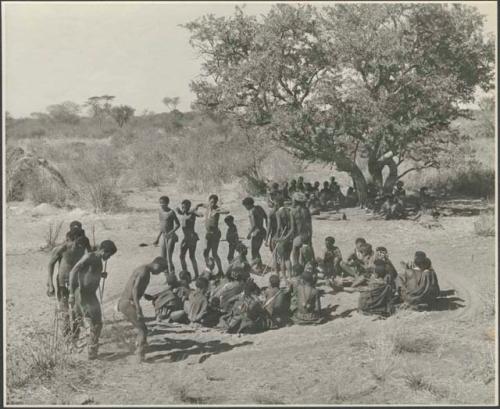 Group of men dancing; medicine men not yet in trance
