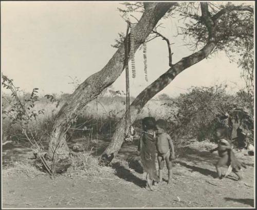 Children from "Gao Helmet's" group standing beside a net and rattles hanging from a tree