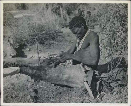 Man making a bag of the whole skin out of a wild pig (print is a reversed image)

