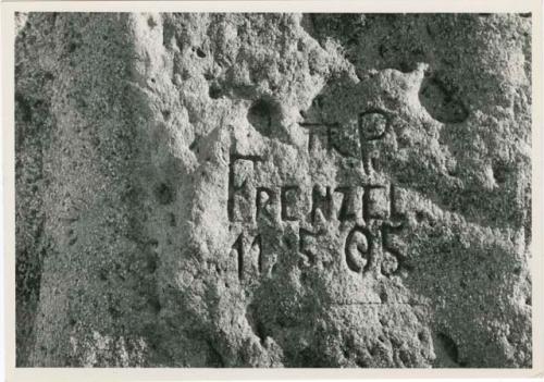 "Names on baobab trees": Name "[F?]R.P. Frenzel 11.5.05" carved in the trunk of a baobab tree, close-up (print is a cropped image)