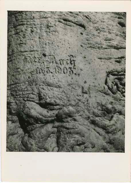 "Names on baobab trees": Name and date "Rush 10.13.1903" carved in the trunk of a baobab tree, close-up (print is a cropped image)