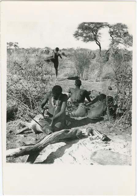 "Boys' fire": Man making a bag from a wild pig skin, with men sitting behind him (print is a cropped image)