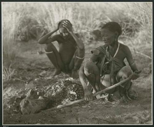 [No folder title]: "Old /Gasa" putting a wildebeest head in a hole with coals, with her grandson watching her (print is a cropped image)