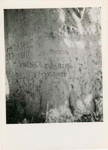 "Names on baobab trees": "KAHLE 1911, WERNER [?] V.35, E.v.d. BERG 10.9.33, EYSER [or KEYSER], M.P." carved in the trunk of a baobab tree, close-up (print is a cropped image)