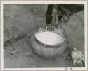 Makiena pouring milk from a calabash into a bowl; close-up of the bowl (print is a cropped image)