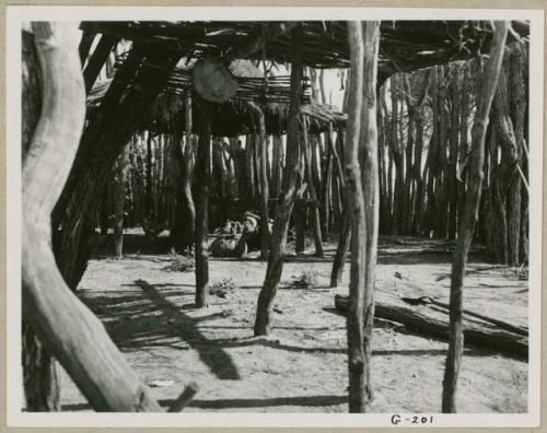 Inside Muremi's kraal; shows the outside fence, the roofs for shade, and a churn (print is a cropped image)