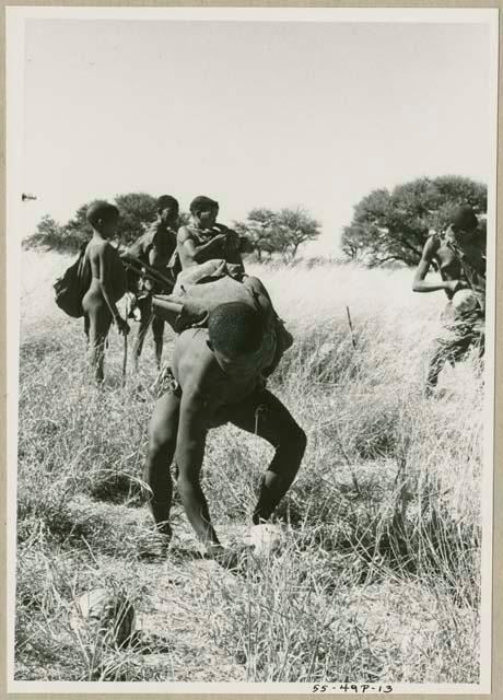 Group of people gathering tsama melons in a field (print is a cropped image)