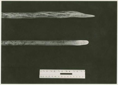 Two digging sticks on a black background, with a ruler for measurement (print is a cropped image)