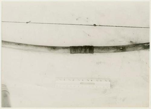 Mid-section of bow, with a ruler for measurement against white background, showing hand-grip of thong (print is a cropped image)