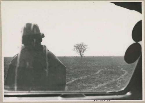 Man standing before a truck window, seen from behind
