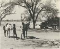 Two boys standing with horses and a truck in background
