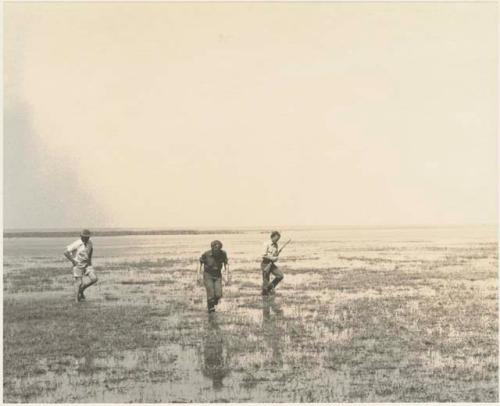 Casper Kruger, Elizabeth Marshall Thomas, and John Marshall, who is holding a gun in his hand, wading in Lake Ngami




