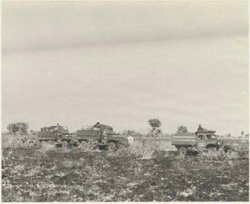 Expedition trucks waiting in burned-over land

