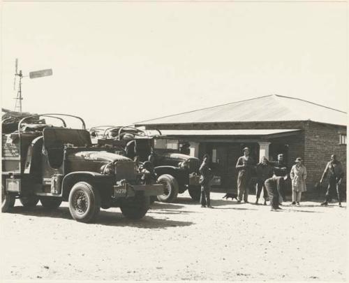 Trucks drawn up at Craille's trading post at Ghanzi

