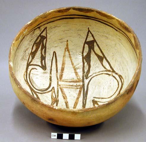 Bowl, polacca polychrome style c. int: zuni rain bird design; ext: slipped, no d