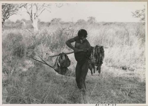 ≠Toma carrying meat in his hunting bag which hangs over a stick


























