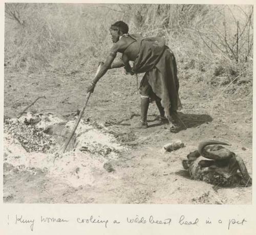 Di!ai preparing to cook a wildebeest head by stirring coals with a stick


























