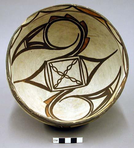 Bowl, polacca polychrome style c. int: zuni rain bird design; ext: linear design