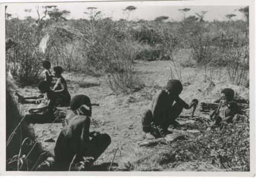 "Meat sharing": "Old ≠Toma" cutting a quarter of meat, his share in a distribution of meat, with other people sitting near him (print is a cropped image)