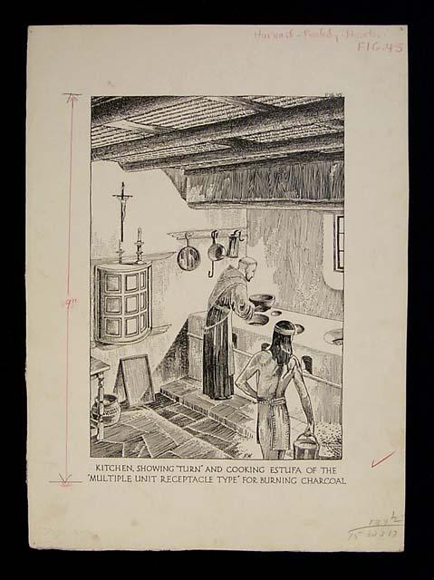 Drawing. "Kitchen, Showing 'Turn' and Cooking Estufa of the 'Multiple Unit Recep