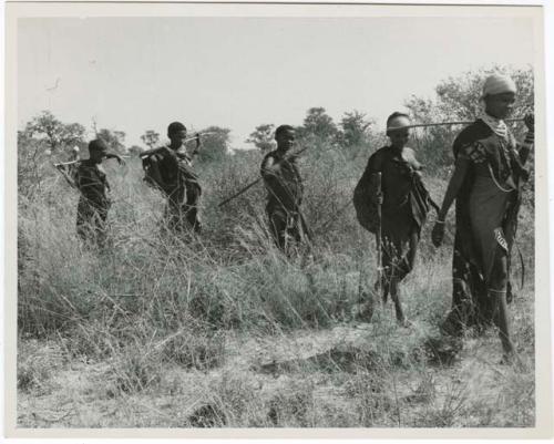 [No folder title]: Five women walking in a line, carrying digging sticks on their shoulders (print is a cropped image)