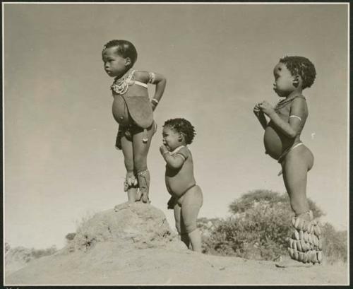 "Physical characteristics, including boys": /Gaishay (son of "Gao Medicine" and Di!ai), Bau (daughter of "Crooked /Qui"), and "Little ≠Gao" (son of "/Qui Navel") standing on an ant hill (print is a cropped image)