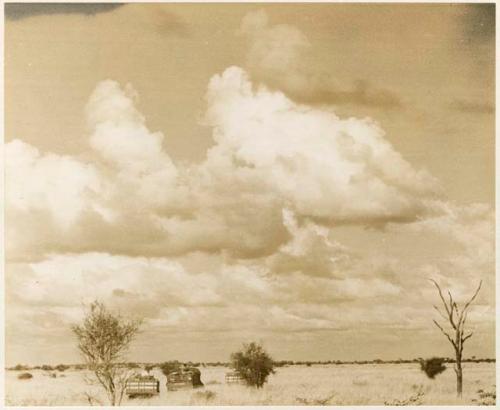 [No folder title]: Two trucks crossing the plain (print is a cropped image)