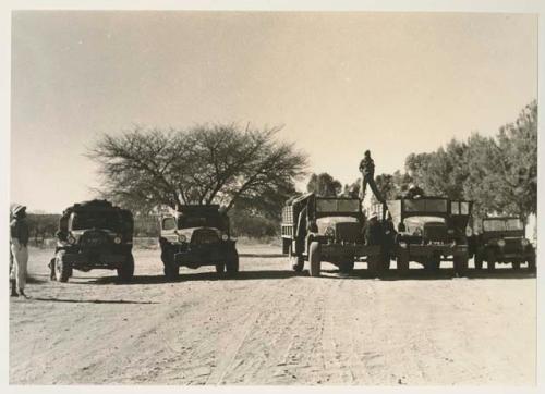 Men standing and sitting on and next to expedition trucks lined up