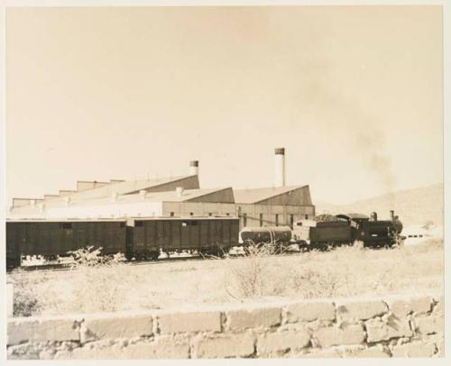 Freight train and buildings