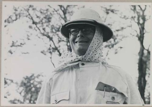 Nicholas England wearing a pith helmet

