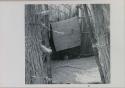 Fence hut, showing inside doorway and grass on floor
