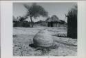 Basket, with huts in background