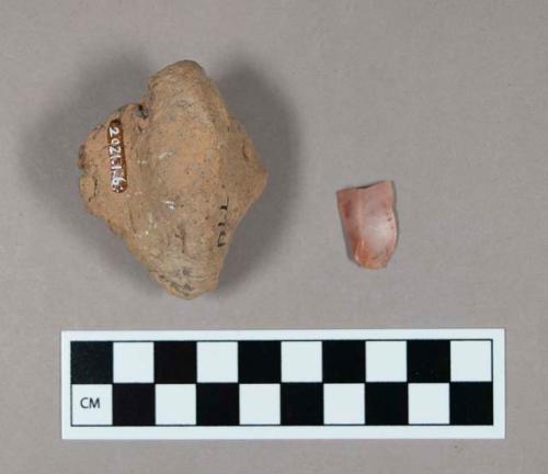 Chipped stone blade fragment, and fired clay fragment