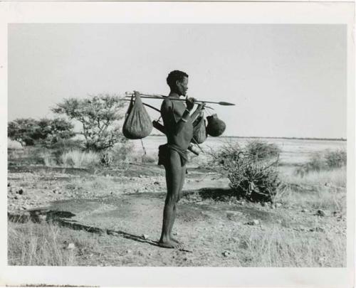 [No folder title]: /Ti!kay carrying bags on a carrying stick and an assegai, with the pan in the background (print is a cropped image)