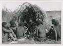 [No folder title]: Group of people sitting in front of a skerm and telling stories, including Zuma (daughter of "Old Xama," wife of Gao), Gao (son of Debe, headman of Band 24 in Cho/ama), and /Qui (brother of "Gao Helmet") (print is a cropped image)