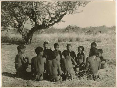 "Children in groups": Group of men and boys playing !ó'm!hú / !’Om g!xuni / ’Ai kota !U!u g!xuni / N!aih //’an (the porcupine game, also known as the axe game, assegai game or war game), including "≠Gao Lame," /Gunda with a feather, ≠Gao (son of Gau and Be of Band 2) and Tsamgao (son of ≠Toma, Band 1) (print is a cropped image)