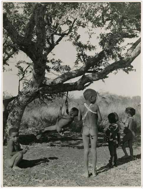 "Groups, Girls, Boys and Girls": Children playing under a tree with a swing they made from leather (print is a cropped image)