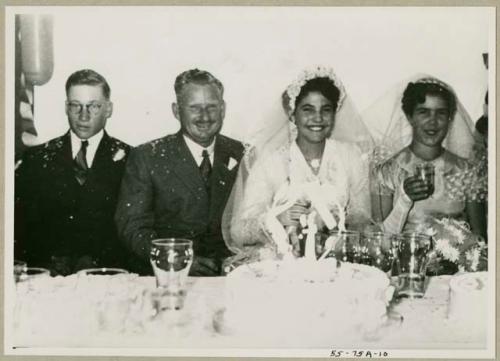 Theunis Berger and Marguerita Ammann at their wedding, accompanied by a bridesmaid and a groomsman (print is a cropped image)