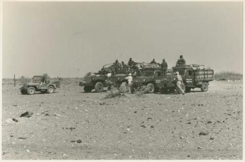 Expedition trucks and Jeep lined up at Ghanzi (print is a cropped image)