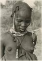 Portrait of a visiting girl with her head shaved, showing ostrich eggshell bead necklace (print is a cropped image)